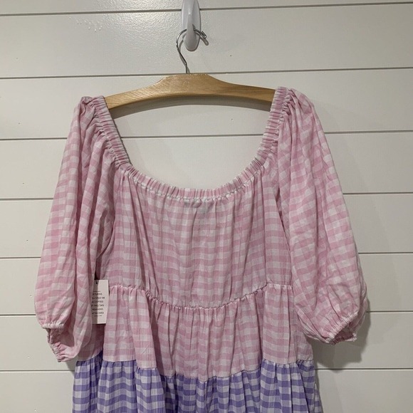 Eloquii | Midi Dress Pink Gingham Check Off the Shoulder Tiered NWT- Size 22 - Picture 7 of 11
